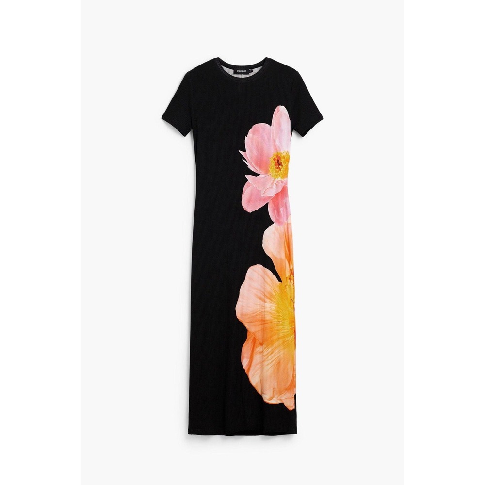 Desigual NWT Black Floral Maxi Dress S Ribbed Stretch SS26 $159